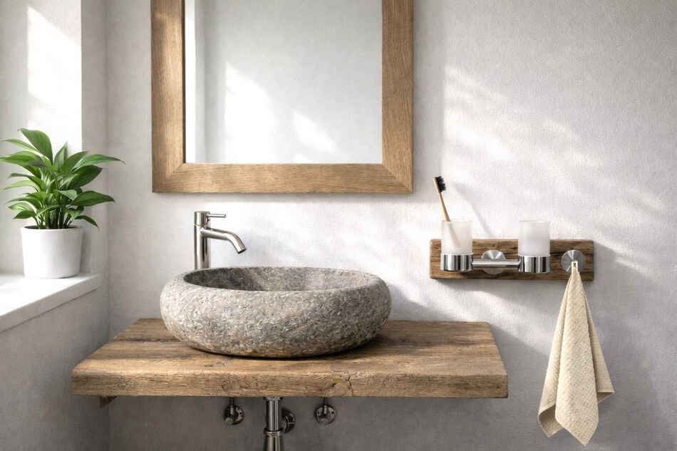 Badgarnitur-Holz-Massiv-Teak-mit-Zahnputzbecher-Wandmontage