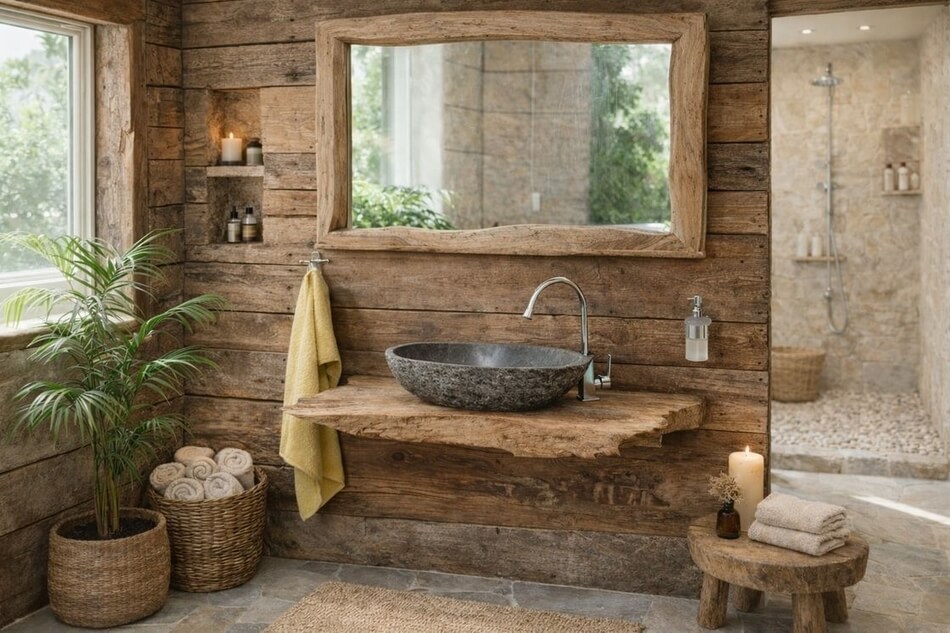 Flussstein-Waschbecken-mit-Waschtischplatte-aus-massivem-Teak-im-Badezimmer