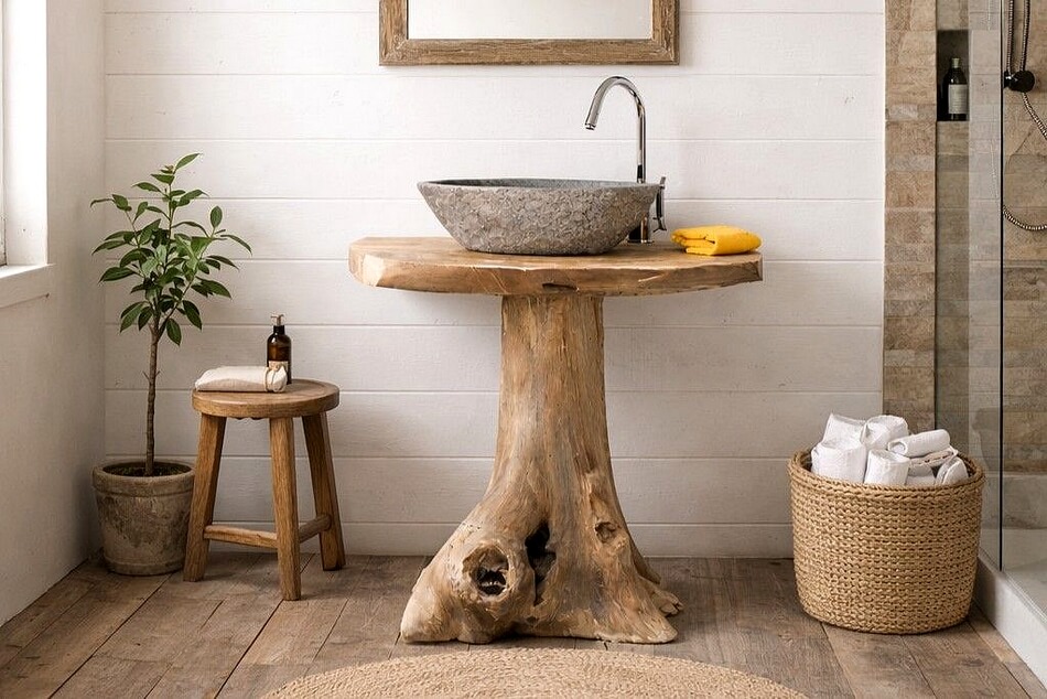 Flussstein-Waschbecken-mit-Wurzelholz-Waschtisch-Teak-Unikat-Badmöbel
