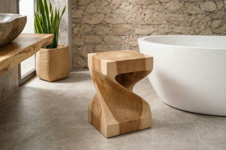 Geschwungener-filigraner-Hocker-aus-massivem-Teakholz-Unikat