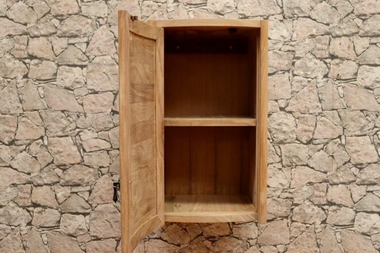 Hängeschrank-Badschrank-schmal-Teakholz-Massiv-60-cm-hoch-Modell-Couch-links-oeffnend