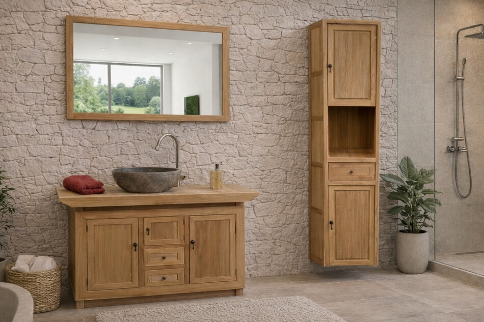 Hängeschrank-Hochschrank-Massivholz-Teak-Badezimmermoebel-Set