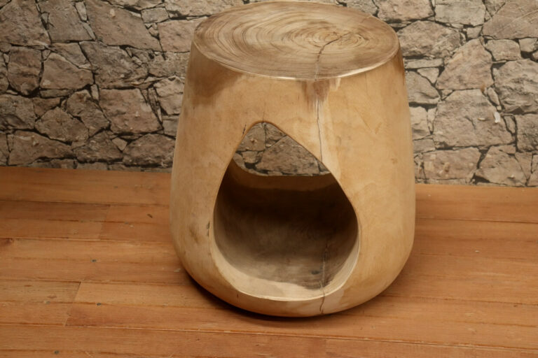Hocker-Massiv-Holz-Teak-Unikat-mit-Oeffnung