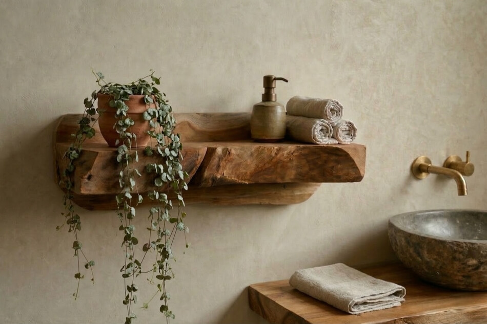 Konsole-Wandboard-Massiv-Teakholz-Badezimmer-Ablage-Unikat