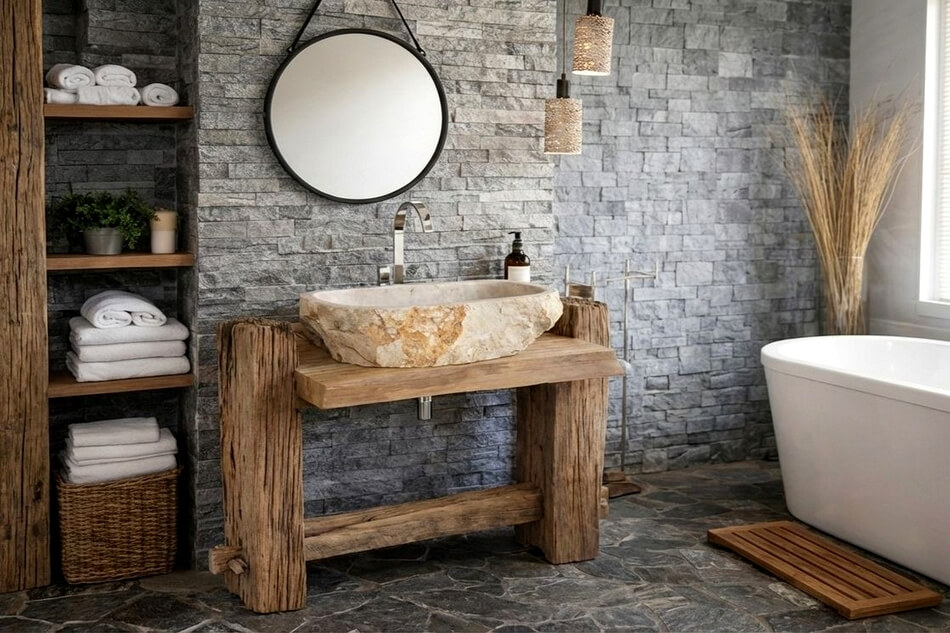 Marmor-Aufsatzwaschbecken-Naturstein-mit-Altholz-Waschtisch-Badezimmer