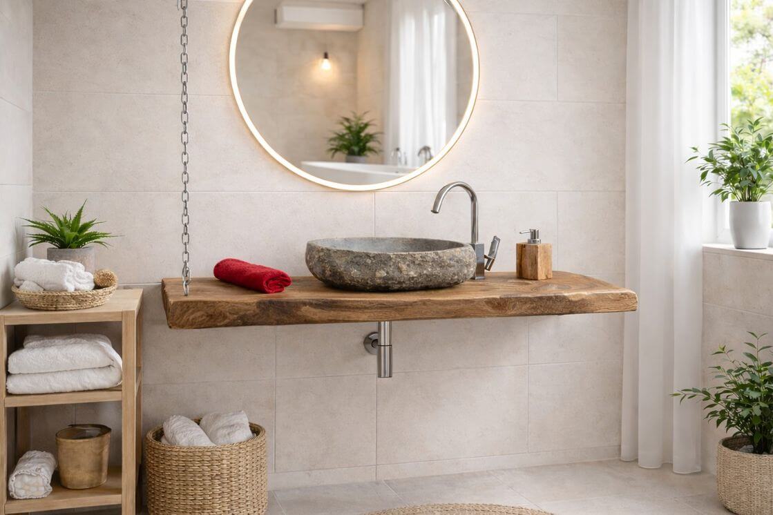 Massive-Waschtischplatte-aus-Wurzelholz-mit-Kettenbefestigung-und-Flussstein-Waschebcken