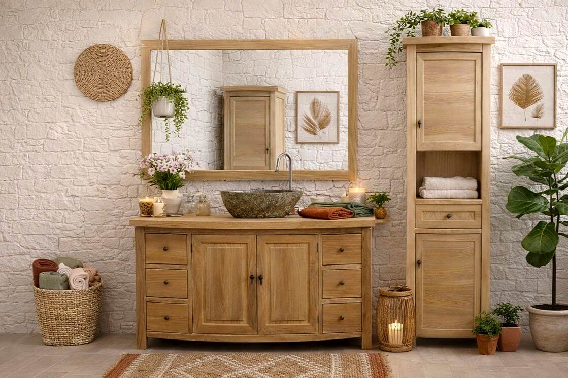 Massivholz-Badezimmermoebel-Waschbeckenunterschrank-Teak-Set