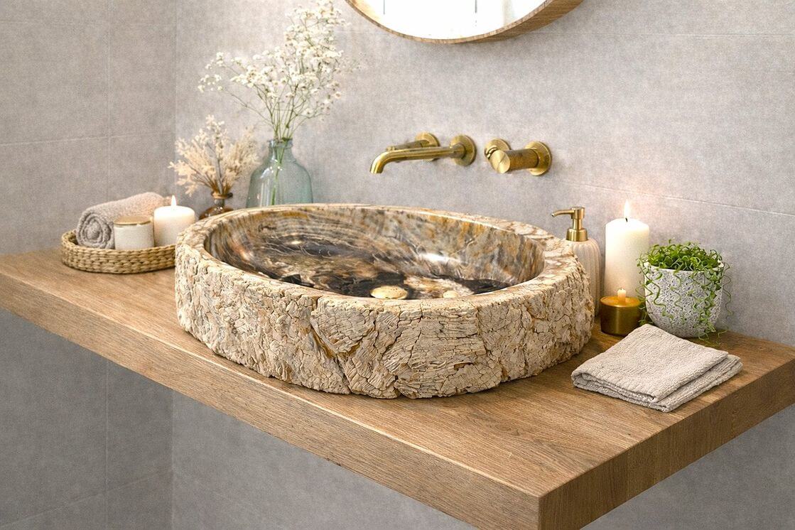 Massivholz-Waschtischplatte-Teak-Rechteckig-gerade-Kante-mit-versteinertem-Waschbecken