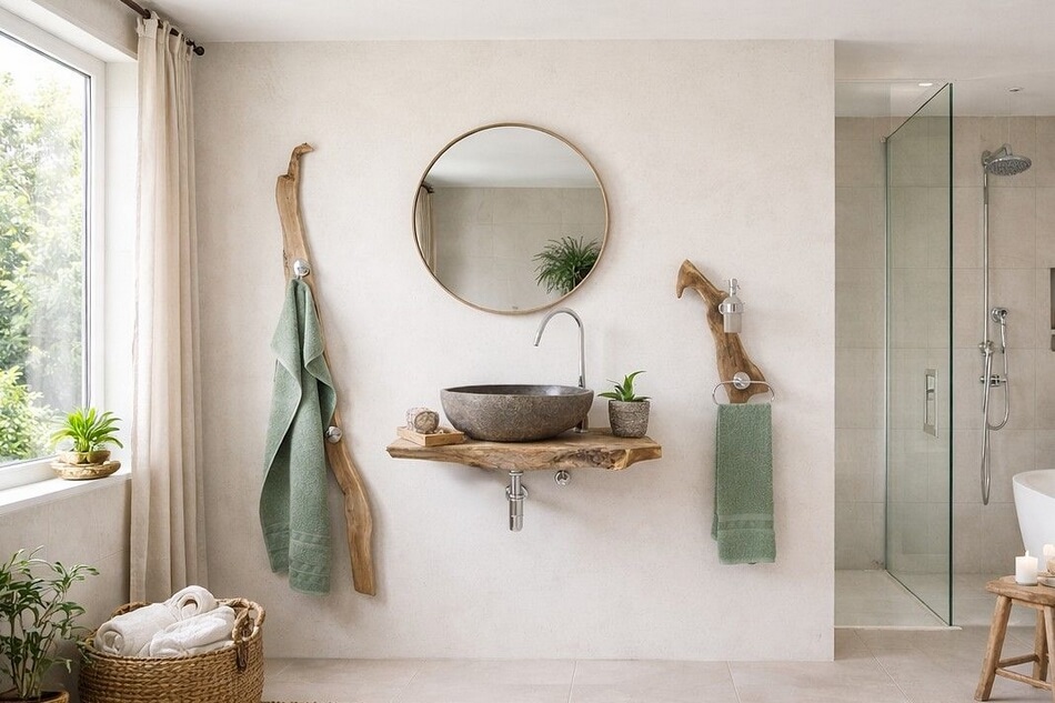 Naturstein-Waschbecken-Flussstein-auf-massiver-Waschtischplatte-Teak