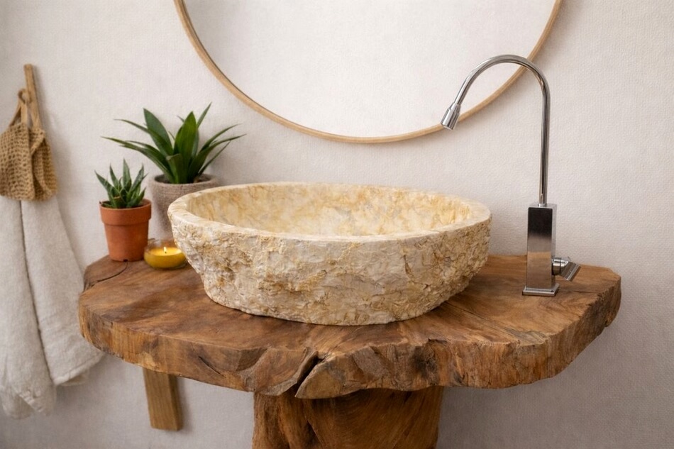 Naturstein-Waschbecken-Marmor-auf-massivem-Wurzelholz-Waschtischunterschrank-Teak