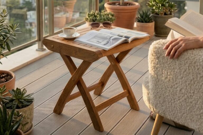 Platzsparender-Klappbarer-Balkontisch-Hocker-Teak-geölt