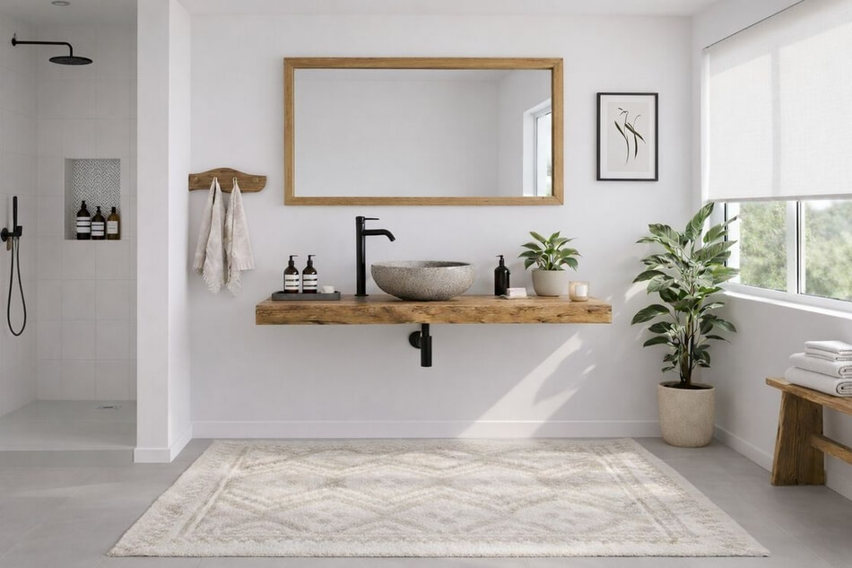 Rechteckige-Waschtischplatte-aus-Massivholz-Teak-im-Badezimmer