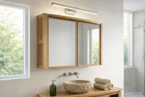 Spiegelschrank-Massivholz-Teak-mit-Lichtleiste-100-cm