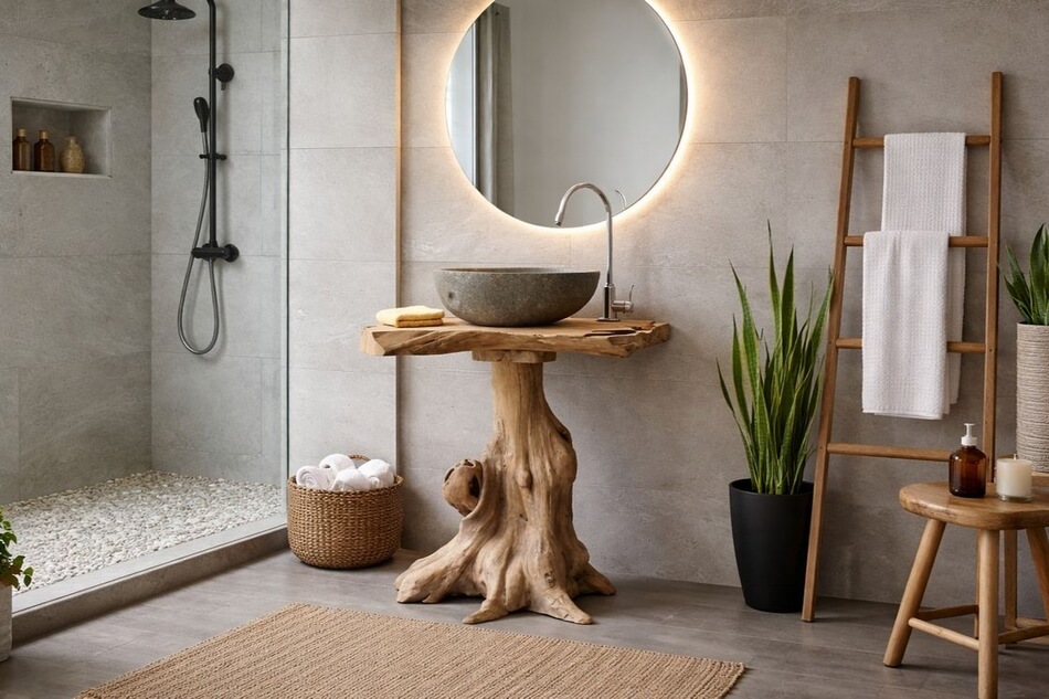 Steinwaschbecken-Natur-mit-Wurzelholz-Waschtisch-Unterschrank-Bad