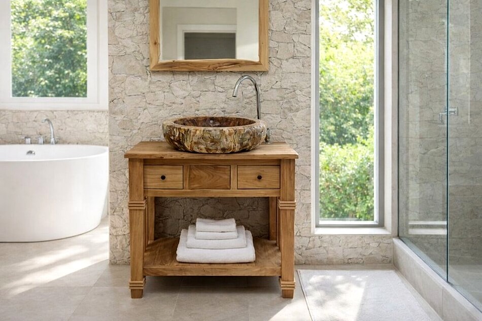 Versteinertes-Holz-Waschbecken-auf-einem-Massivholz-Waschtisch