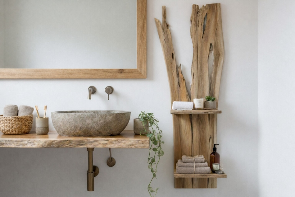 Wandregal-Teak-Massiv-Unikat-mit-Ablagen-Holz