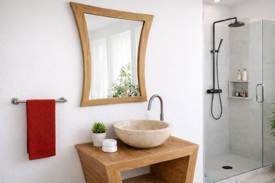 Wandspiegel-Massiv-Holz-Teak-geschwungen