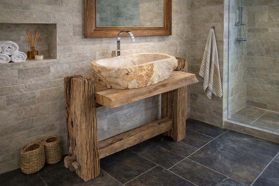 Waschbecken-Stein-Marmor-auf-Altholz-Waschtisch-Massiv-Badezimmer