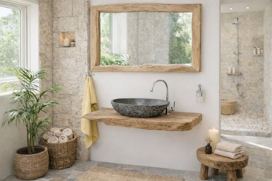 Waschtischplatte-Massivholz-Teak-Wurzel-mit-Naturstein-Waschbecken